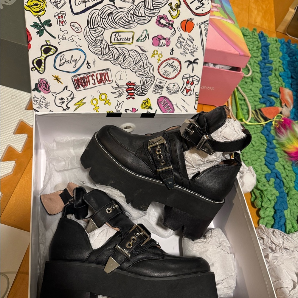 Jeffrey Campbell Asylum Black Platform Buckle Boots